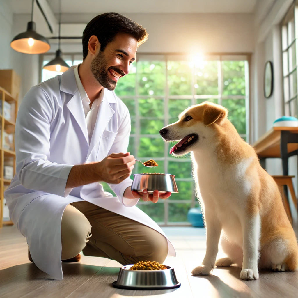 Homem alimentando cachorro